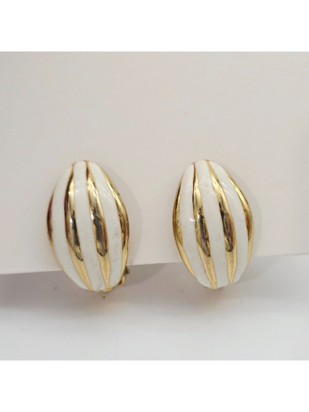 1990s Gold & White Striped Clip-On Earrings Oval Design 7/8"